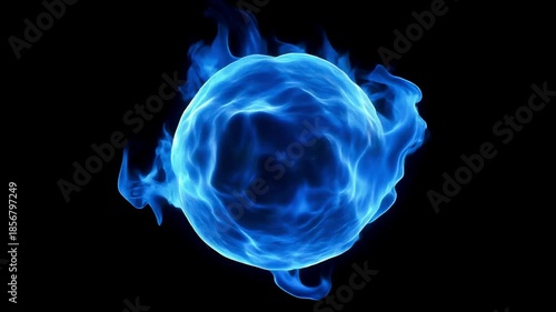 Floating blue fireball with an intense neon core and soft outer flames, isolated on a pure black background, 4k.