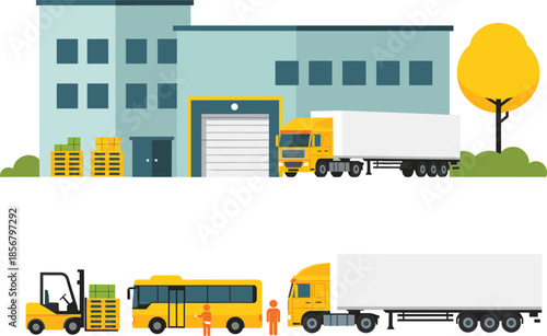Warehouse and logistics building vector illustration with delivery trucks, loading dock, forklift and cargo transportation operations