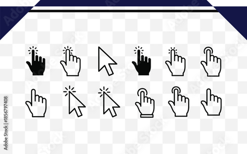 Collection of hand cursor icons in black and white isolated on transparent background