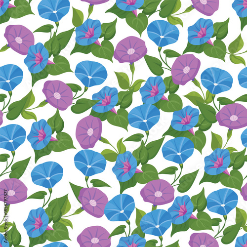 MobileMorning glory Flower seamless pattern. Flat vector clipart, illustration with isolated background.