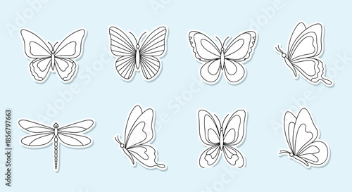 Set of butterfly and dragonfly outline stickers on a soft blue background for creative crafts and decorative projects.