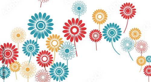Stylized colorful daisies on long stems growing upwards against a white background for a cheerful spring floral design.