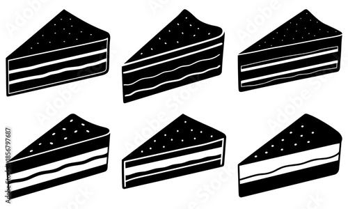 Six Slices of Layered Chocolate Cake with White Frosting on White Background layered cake slices