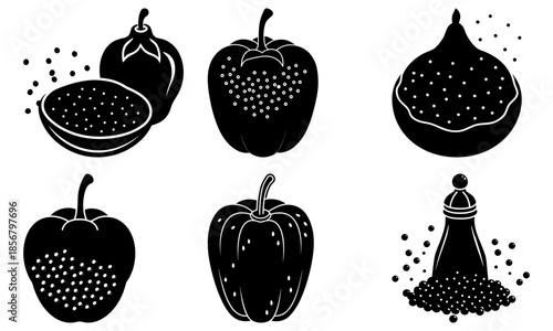 Black peppercorns and pepper mill with seeds on white background pepper seeds silhouette