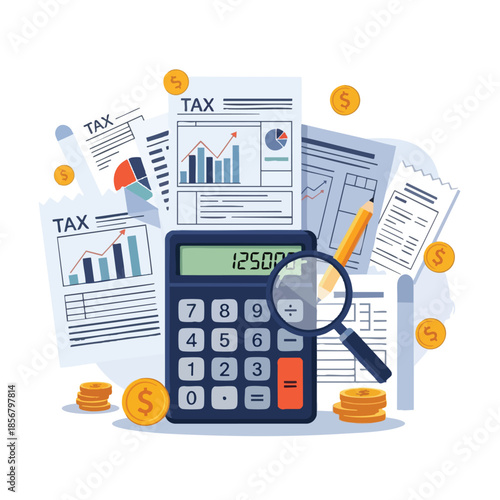 A calculator, tax forms, coins, magnifying glass, and a pencil represent accounting