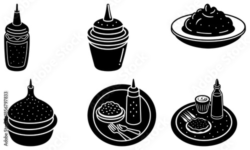 Black food with condiments and sauces on white background bottle