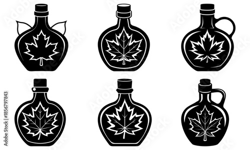 Black Maple Leaf Decorated Bottles with Transparent Background white silhouette