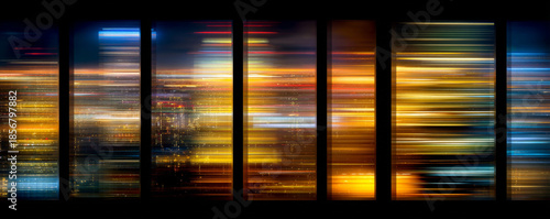Abstract dragged shutter lights across steel-framed windows 32k ultra HD