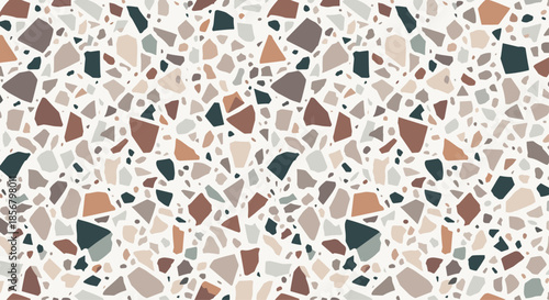 Earthy terrazzo pattern with various sizes and shapes of stone fragments in beige, brown, grey, and dark green.