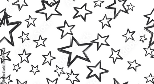 Hand drawn star pattern with sketchy black ink stars of different sizes scattered on a white background for wrapping paper.