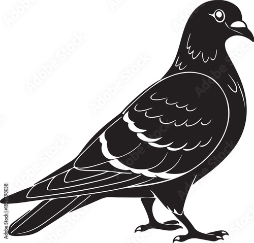 A vector illustration of a black bird silhouette perched on a winter branch with detailed wings and beak design for nature wildlife art