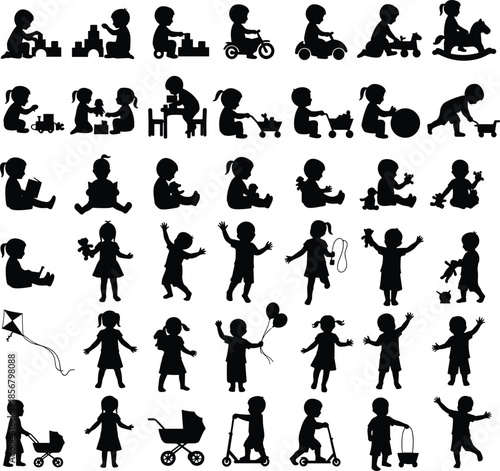 Baby and toddler silhouette icon set showing children playing, crawling, walking, learning, and early childhood daily activities