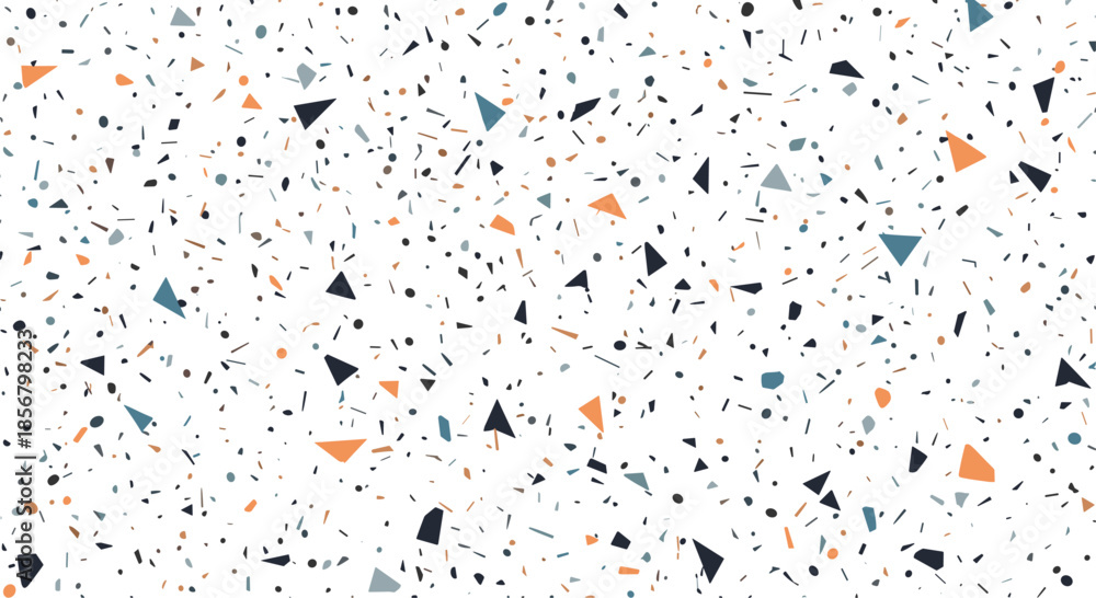Fototapeta premium Modern terrazzo pattern featuring small geometric fragments in blue, orange, and dark grey on a white base for design.