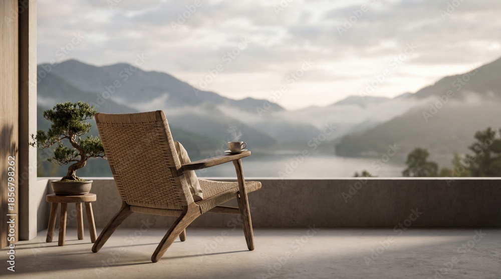 Fototapeta premium A tranquil scene of nature unfolds, where a comfortable wooden chair sits on a terrace, looking at the distant mountains in a misty morning.