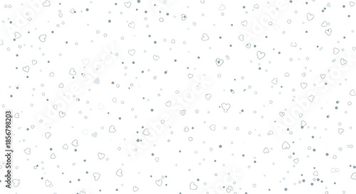 Subtle pattern of small grey hearts and dots scattered loosely on a white background for a minimal romantic design.