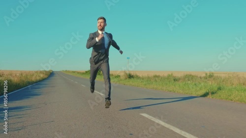 Lawyer sprinting through countryside landscape, Attired attorney swiftly moves across broad open rural fields