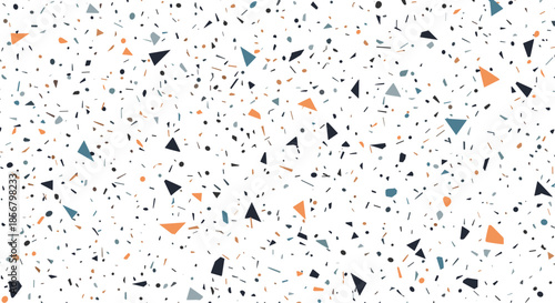 Modern terrazzo pattern featuring small geometric fragments in blue, orange, and dark grey on a white base for design.