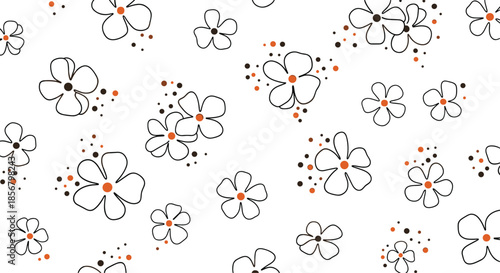 Simple white flower pattern with orange centers and dots scattered across a plain white background for a fresh look.