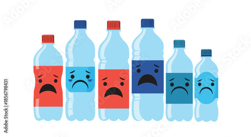 Group of plastic water bottles with sad faces and different water levels highlights the environmental concern of pollution and single-use waste.