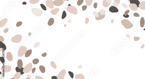 Organic pebble arrangement creates a natural border with soft beige and brown stones scattered across a clean white space in an artistic way.