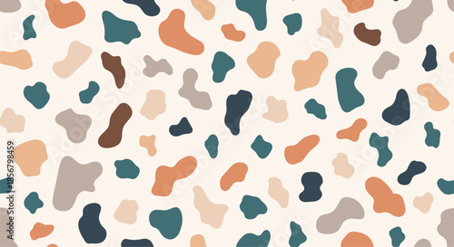 Abstract organic pattern features irregular blobs in earthy tones like terracotta and sage, creating a modern and stylish terrazzo-like look.