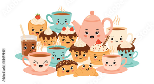 Delightful collection of sweets and drinks like tea, coffee, cupcakes, and muffins feature happy cartoon faces in a warm and cozy arrangement.