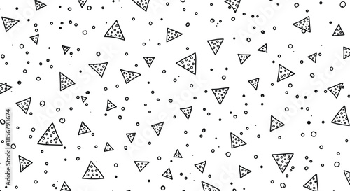 Simple black and white pattern displays a scattered collection of hand-drawn triangles with dots on a white background for a minimalist feel.