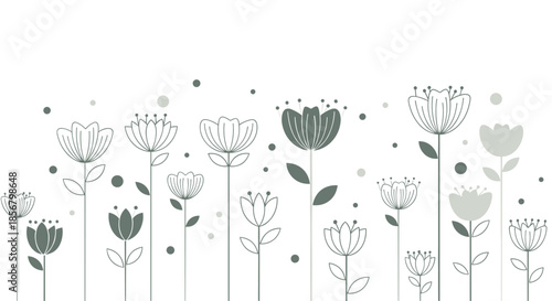 Minimalist floral border consists of simple line-drawn flowers in grey and white growing from the bottom against a clean white background area.