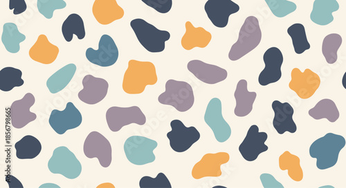 Playful abstract pattern displays irregular blobs in teal, orange, purple, and navy tones, creating a vibrant and modern repeating design for textiles.