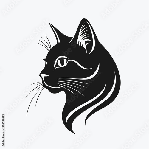 A cute black and white cartoon cat illustration featuring a funny domestic feline kitten with a silhouette tail and artistic pet portrait design