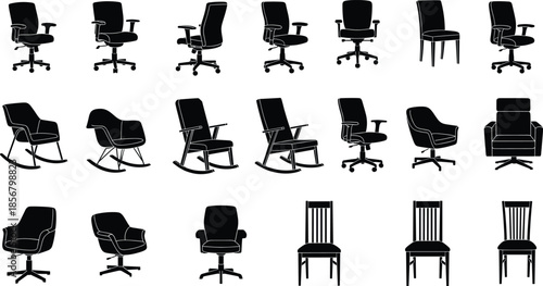 Chair silhouette set featuring office chairs, armchairs, rocking chairs and dining chairs in black front view
