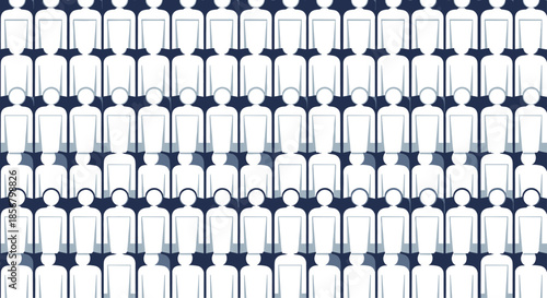 Large group of human silhouettes in white and grey stands together in a dense formation against a deep navy blue background for a social concept.