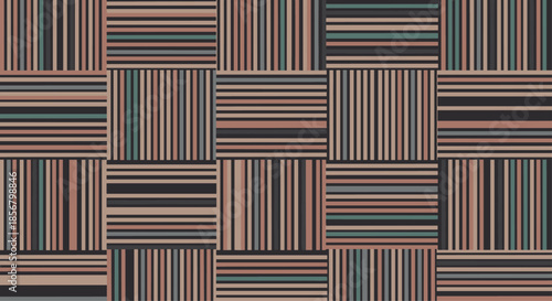 Geometric pattern showcases a modern grid of striped squares in muted earth tones, creating a structured and rhythmic repeating design.