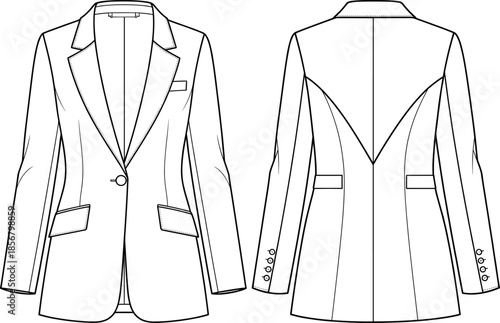 Fitted suit blazer technical drawing, notched lapel, single button closure, flap pockets, V-shaped back yoke, black vector flat.