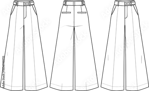High-waist palazzo trousers technical drawing, wide-leg silhouette, front pleats, attached buckled belt detail, vector flat illustration outline.