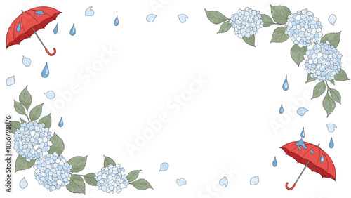 Hand-drawn corner frame illustration featuring beautiful light blue hydrangeas, red umbrellas, and falling raindrops on a clean white background.
