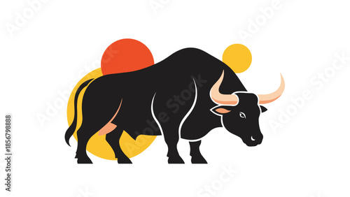 Modern graphic illustration of a strong black bull with prominent horns, standing against a backdrop of abstract orange and yellow circles.