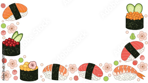 A stylish corner frame design featuring a delightful assortment of Japanese sushi and cherry blossoms, with plenty of central copy space.