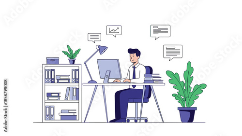 A modern flat illustration of a businessman working efficiently at his computer in a comfortable office with plants and bookshelves.