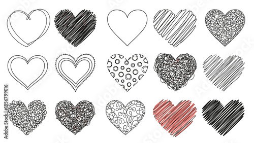 A diverse collection of fifteen hand-drawn hearts with various scribble and doodle textures, with one standout red heart among them.