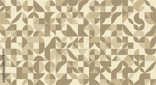 Geometric mosaic pattern with circles squares and triangles in neutral beige tones for sophisticated architectural designs.