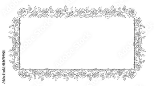 A classic and elegant rectangular frame illustration composed of finely detailed, hand-drawn roses and leaves in a black and white sketch style.
