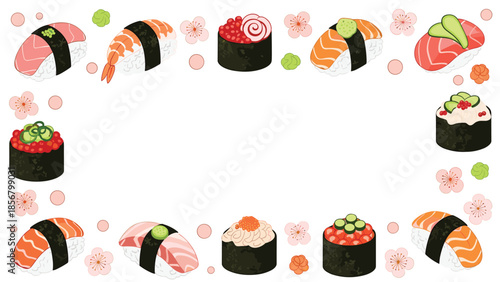 A beautiful rectangular frame for menus or invitations, decorated with a variety of delicious-looking sushi and pink cherry blossoms.