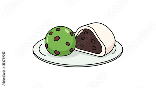An illustration of Japanese sweets on a small plate, showing a daifuku mochi cut open and a green kusa mochi.