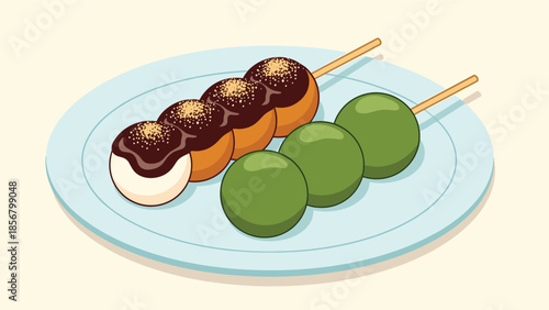 A lovely illustration of two types of Japanese dango on a plate: mitarashi dango with sweet soy glaze and green yomogi dango.