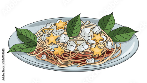 A whimsical and appetizing illustration of a plate of spaghetti topped with fresh basil leaves and adorable star-shaped cheese cubes.
