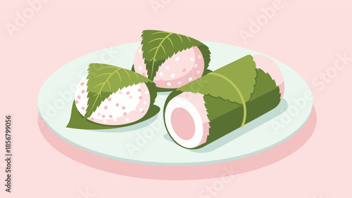 An assortment of traditional Japanese sakura mochi on a plate, showcasing both the Domyoji and Chomeiji styles of this popular spring sweet.
