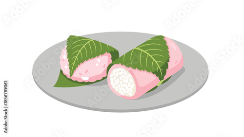A simple and elegant illustration of two Domyoji-style sakura mochi, a traditional Japanese spring sweet, wrapped in cherry leaves.