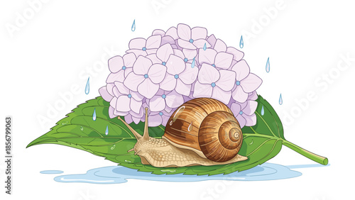 A beautifully detailed illustration of a snail on a wet leaf taking shelter from the rain under a large pink hydrangea blossom.