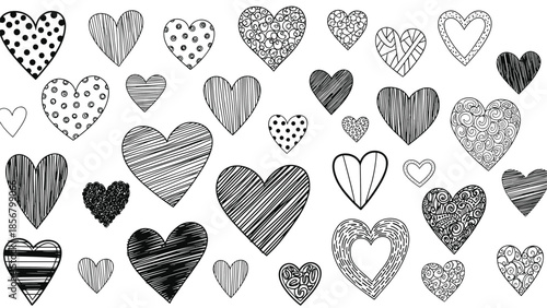 A comprehensive collection of diverse, hand-drawn doodle hearts in black and white, featuring a multitude of unique patterns and textures.
